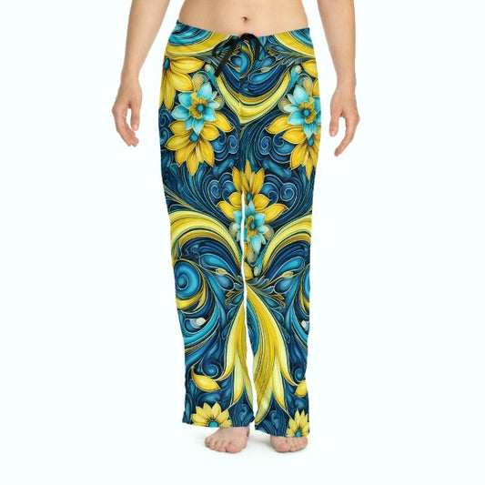 Blue and Yellow Ornamental Women's Pajama Pants | More Heart Studio
