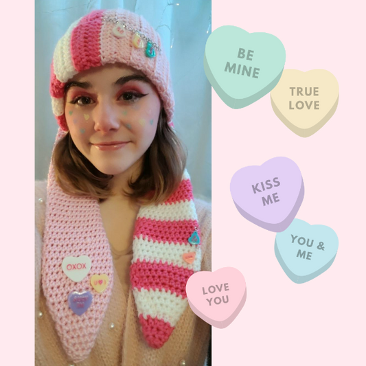 The Best Teen Valentine Gift Idea | The cutest Valentine Conversation Candy Heart Bunny Beanie in the world! This long eared bunny beanie is hand crocheted with soft acrylic yarn. The conversation candy hearts are custom designed and 3D printed by The Salty Stitchers at More Heart Studio.