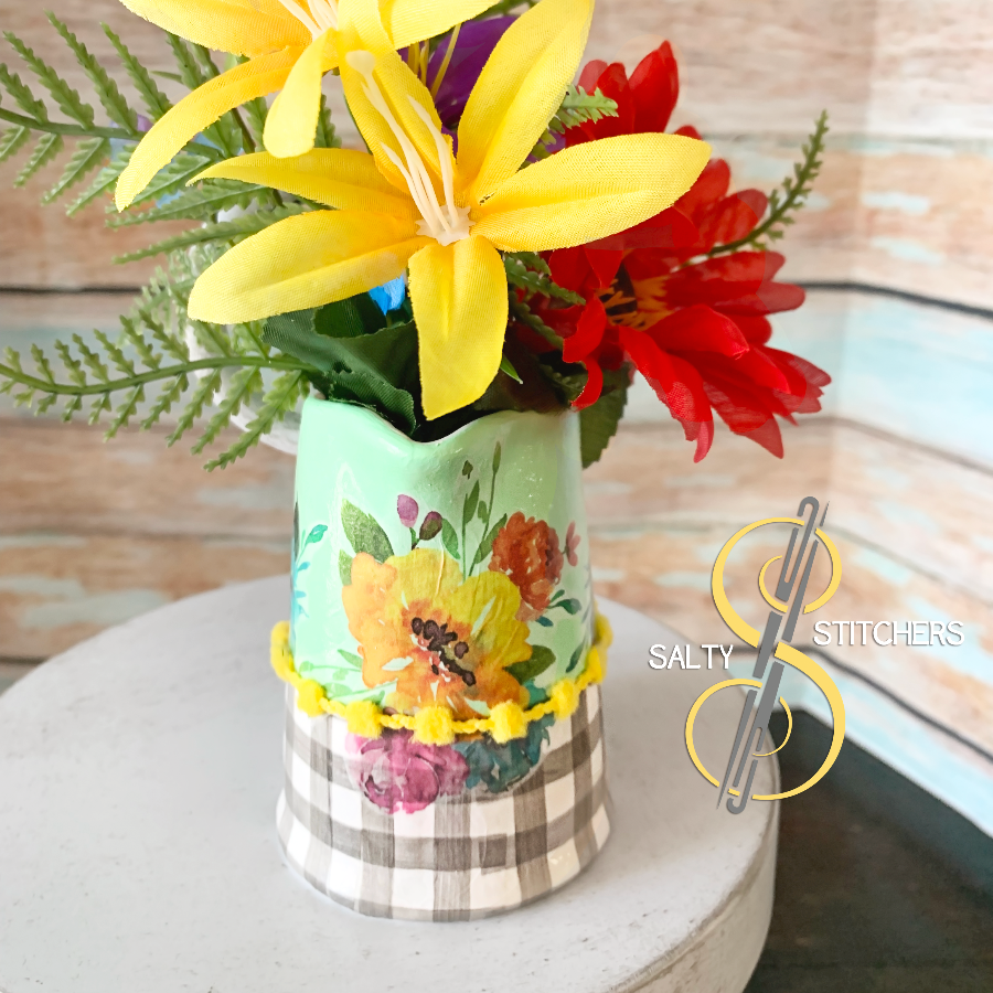 Shop the Best Pioneer Woman Inspired Sweet Romance Jade Ceramic Mini Pitcher Vase With Yellow Ribbon Accent made and sold by Salty Stitchers at More Heart Studio.