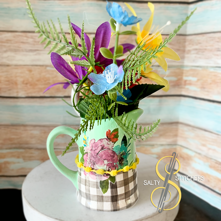 Shop the Best Pioneer Woman Inspired Sweet Romance Jade Ceramic Mini Pitcher Vase With Yellow Ribbon Accent made and sold by Salty Stitchers at More Heart Studio.