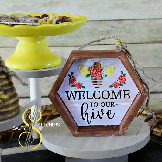 Vintage Floral Inspired Honey Bee Welcome To Our Hive Tier Tray Wood Sign 