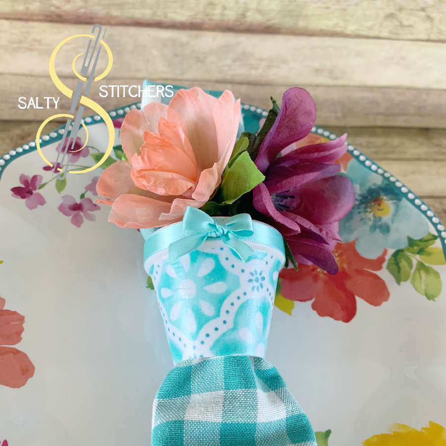 3D Printed Faux Terra Cotta Pot Blue Pioneer Woman Fabric Napkin Ring | Salty Stitchers at More Heart Studio