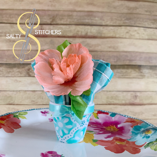 3D Printed Faux Terra Cotta Pot Blue Pioneer Woman Fabric Napkin Ring | Salty Stitchers at More Heart Studio